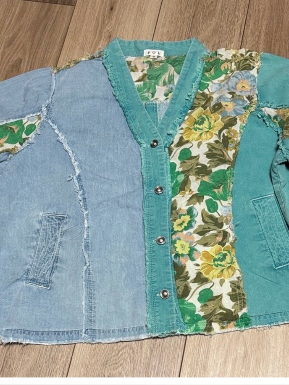 POL NWOT S (M/L good) Floral Patchwork 3 material Denim shacket shirt jacket
